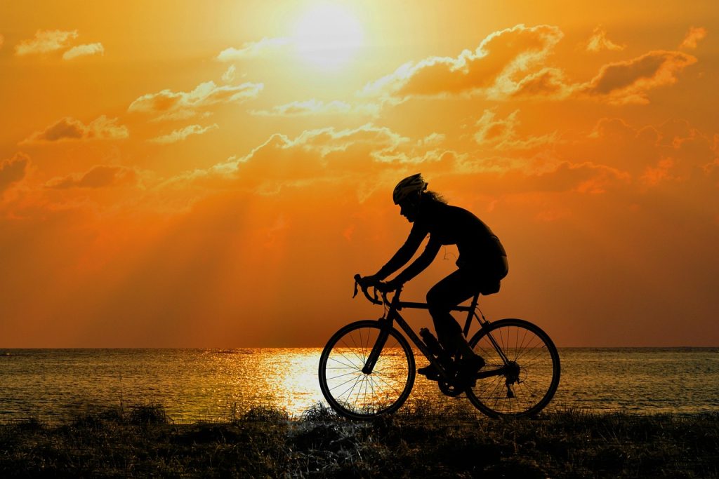 cyclist, bicycle racing cyclist, sport, training, exercise, speed, wheel, spoke, sunset, nature, people, woman